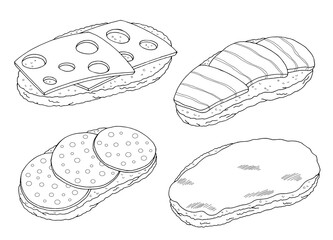 Sandwich set graphic fast food black white sketch isolated illustration vector