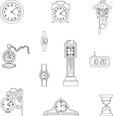 Retro mechanical and electronic clocks outline collection set