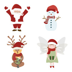 Vector illustration of cute Santa Claus, snowman, reindeer, and angel for Christmas concept