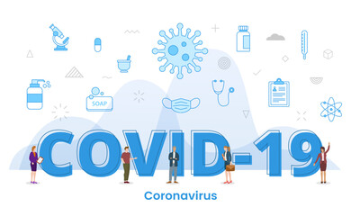 Fototapeta na wymiar coronavirus virus healthcare concept with big words and people surrounded by related icon spreading with modern blue color style