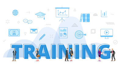 training concept with big words and people surrounded by related icon spreading with modern blue color style