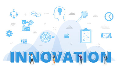 innovation concept with big words and people surrounded by related icon spreading with modern blue color style