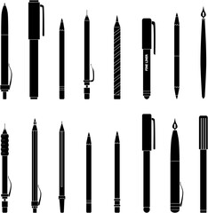 School pens icon black and white collection set