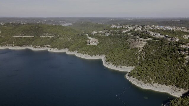 Beautiful aerial view of Lake Travis and hills in the background near Austin, Texas