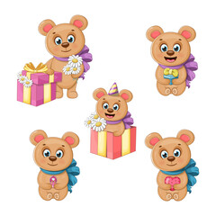 Collection of cute and funny bears with gifts, balloons and hearts