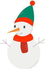 Cartoon cute snowman with a scarf and a hat. Christmas flat design. Vector illustration.