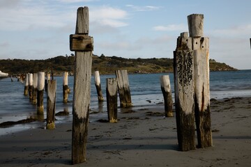 Remains of wooden pier on the beach