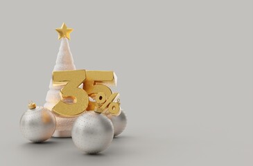 A creative marketing template featuring Christmas decorations, a Christmas tree and a star with a thirty-five percent discount. Silver and gold on christmas card or coupon. 3d rendering.