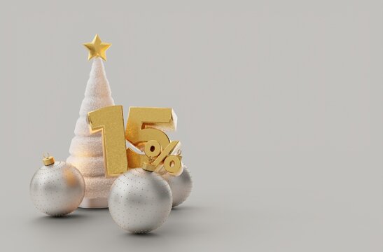 Creative template for marketing with the image of Christmas tree decorations, Christmas trees and stars with a fifteen percent discount. Silver and gold on christmas card or coupon. 3d rendering.