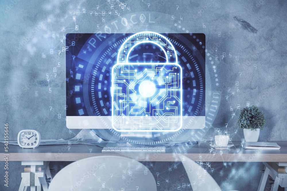 Poster multi exposure of lock drawing and office interior background. concept of data security.