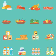 Supermarket with food items flat vector collection set