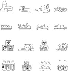 Supermarket with food items outline flat vector collection set