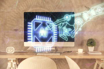 Multi exposure of data theme drawing and office interior background. Concept of technology.