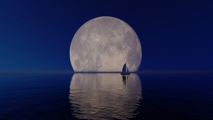 Fullmoon on sea at nght with a sailboat. 3d render.