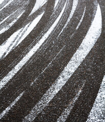 Wheel tracks on the road covered with snow