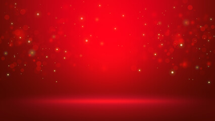Empty dark red room with gradient red background and Abstract bokeh lights effect background. Christmas, valentine's day, new year concept