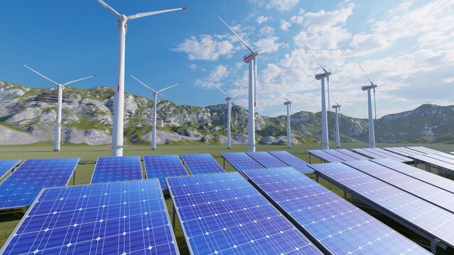 solar panels and wind turbines on a renewable energy farm with montains behind. 3d render.