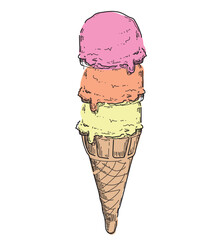 three scoops ice cream cone gelato colored linear draw pink summer food yummy sugar creams fresh resfreshment icon hot day at sea paradise chocolate icecream waffle cone isolated on white background