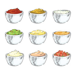 set of different set of dips and sauces ketchup mustard guacamole mayo salsa spicy mayo hand draw american icon new york fast food illustration on white background