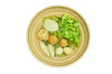 boiled Chinese Hakka meatball made from chop pork stuffing fried tofu with bean sprout in soup on bowl