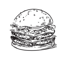 double cheeseburger line drawing  sketch hand draw american icon new york fast food illustration on white background