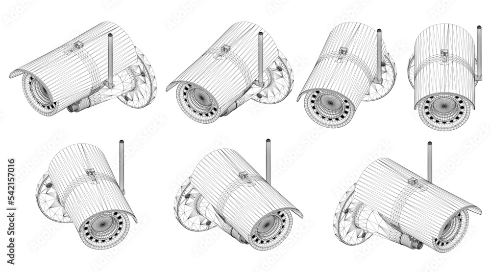 Poster set with cctv camera wireframe in different positions from black lines isolated on white background.