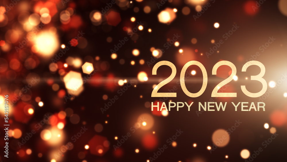 Poster happy new year 2023 animated text. red and gold particle background. light ray beam effect.
