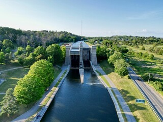 Fototapeta premium Drone shot of Peterborough Lift Lock, Ontario, Canada