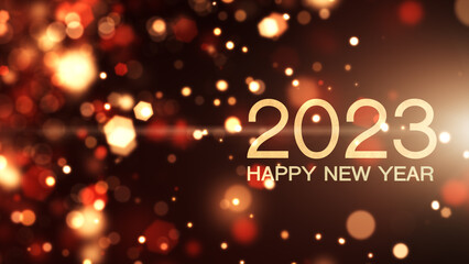 Happy New Year 2023 Animated text. Red and gold particle background. Light ray beam effect.