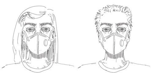 girl and boy with blue face-mask on medical face mask virus bactery spread safety illustration on white background