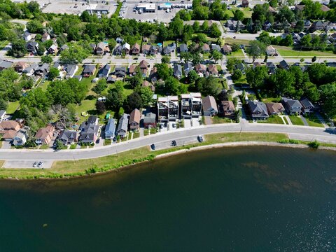 Aerial view over peaceful riverbank and Peterborough city, Ontario, Canada
