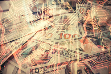 Double exposure of tech theme drawing over usa dollars bill background. Concept of technology.