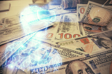 Double exposure of man wearing VR glasses drawing over usa dollars bill background. Concept of virtual reality.