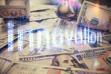 Double exposure of data theme drawing over us dollars bill background. Technology concept.