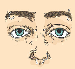 piercing face eybrow bridge septum nostril piercings on face eyes look face illustration line drawing colored skin color background