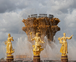 Moscow - September 17, 2022. Friendship of peoples fountain on a cloudy day. Close-up. Famous tourist place.