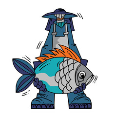 Fisherman holding a big fish isolated on white background. Funny portrait of fisherman with big carp fish in his hands comic vector illustration.