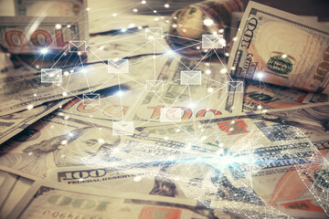 Double exposure of E-mail envelop drawing over usa dollars bill background. Concept of connection.