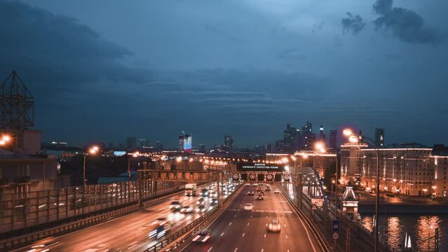 time lapse view of Moscow city and traffic from Novoandreevskiy Bridge, Russia