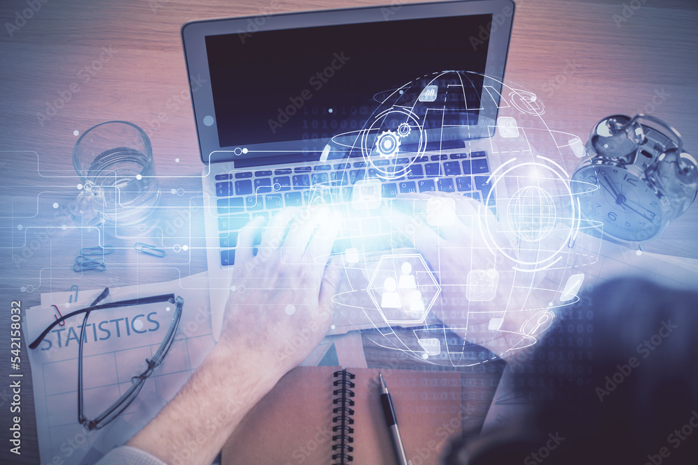 Poster Double exposure of man's hands typing over computer keyboard and social network theme hologram drawing. Top view. People connection web concept.