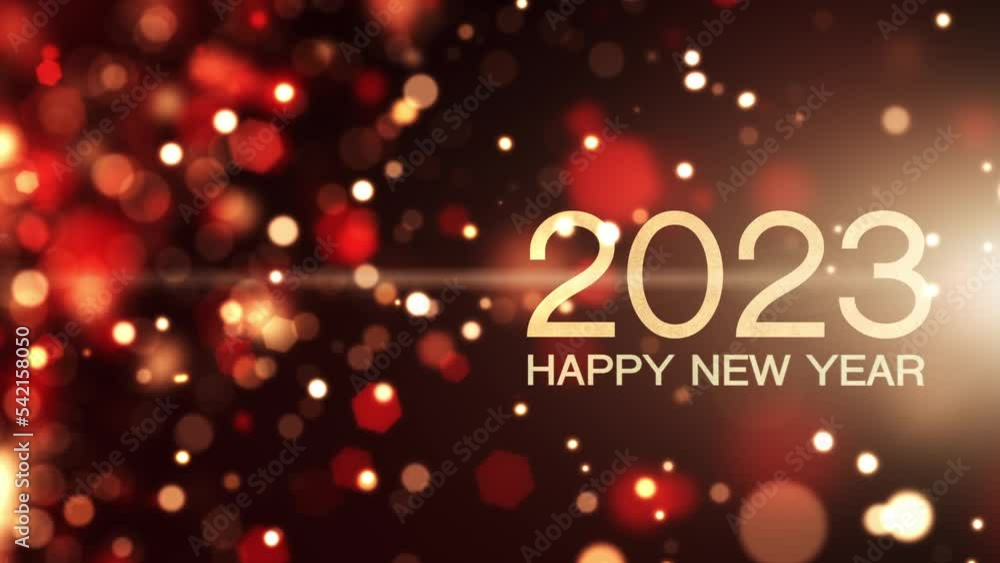 Poster happy new year 2023 animated text. red and gold particle background. light ray beam effect.