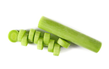 Leek slices pile isolated on white, top view