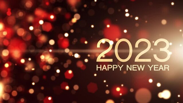 Happy New Year 2023 Animated text. Red and gold particle background. Light ray beam effect.