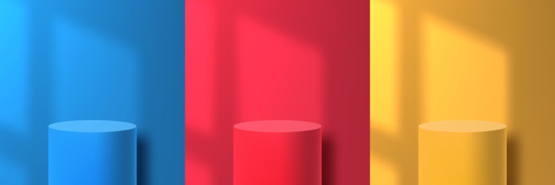 3D Round Cilinder Blue, Red And Yellow Podium