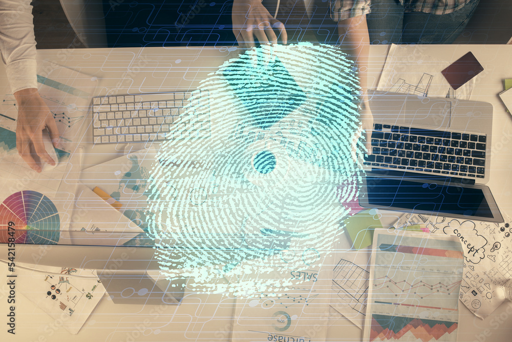 Poster double exposure of man and woman working together and fingerprint hologram drawing. security concept