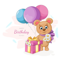Birthday postcard with cute bear, balloons, flowers and a gift box