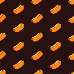 Delicious hot dog seamless pattern.  Fast food icon background. Restaurant menu concept wallpaper. Cute cartoon cuisine vector illustration backdrop. American dish. Graphic design element.