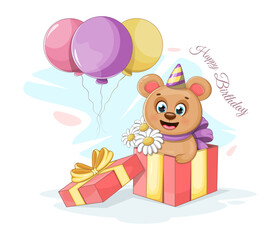 Birthday postcard with funny bear, flowers, balloons and a gift box