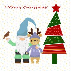 Card template with cute gnome, deer and christmas tree. Christmas vector illustration. For use in the design of cards, invitations, prints, shops, packaging.