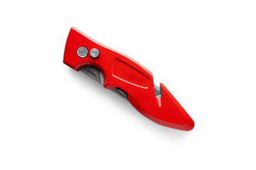Foldable Closed Red Box Cutter Utility Knife with New Blade, Carpet Knife Cutter Isolated On White Background with Shadow with wire stripping and gut hook